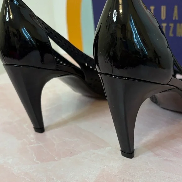 Stuart Weitzman Bowden Peep Toe Black Patent Perforated Buckle Heels, 10M - Picture 6 of 8